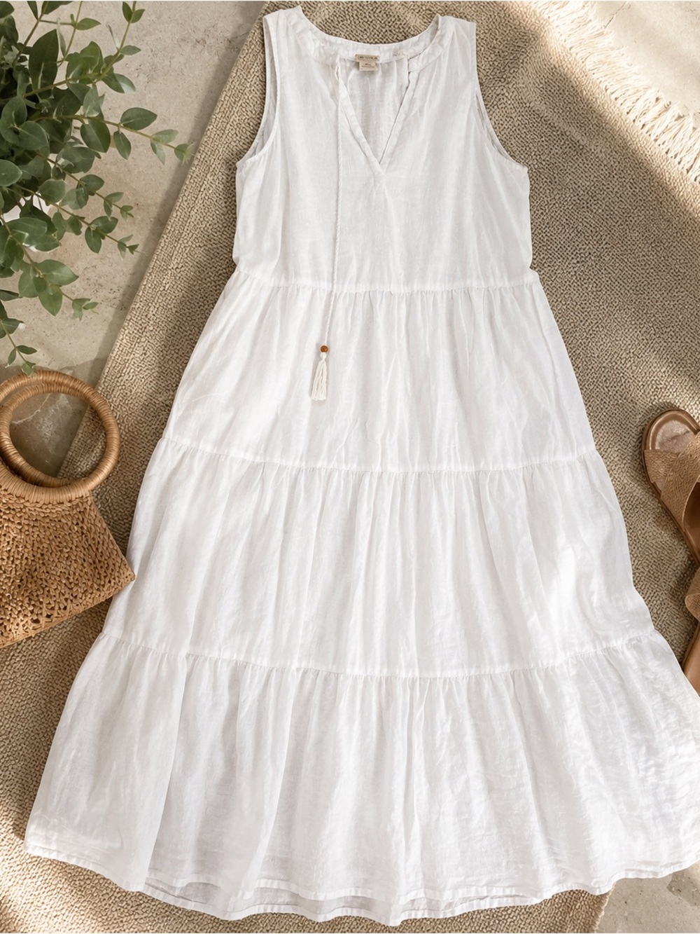 Magaschoni 100% Linen White Tiered Maxi Dress Sleeveless Tassel Size S - Picture 1 of 9